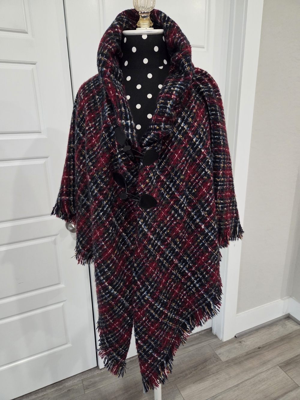 St. John's Bay Burgundy Black Plaid Fringe Toggle Wrap Cape